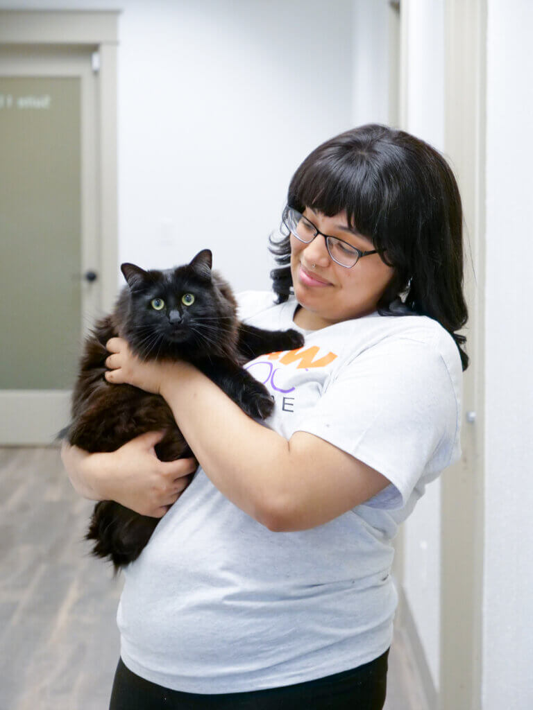PawDoc Urgent Care Pet Clinic Staff member comforting a cat